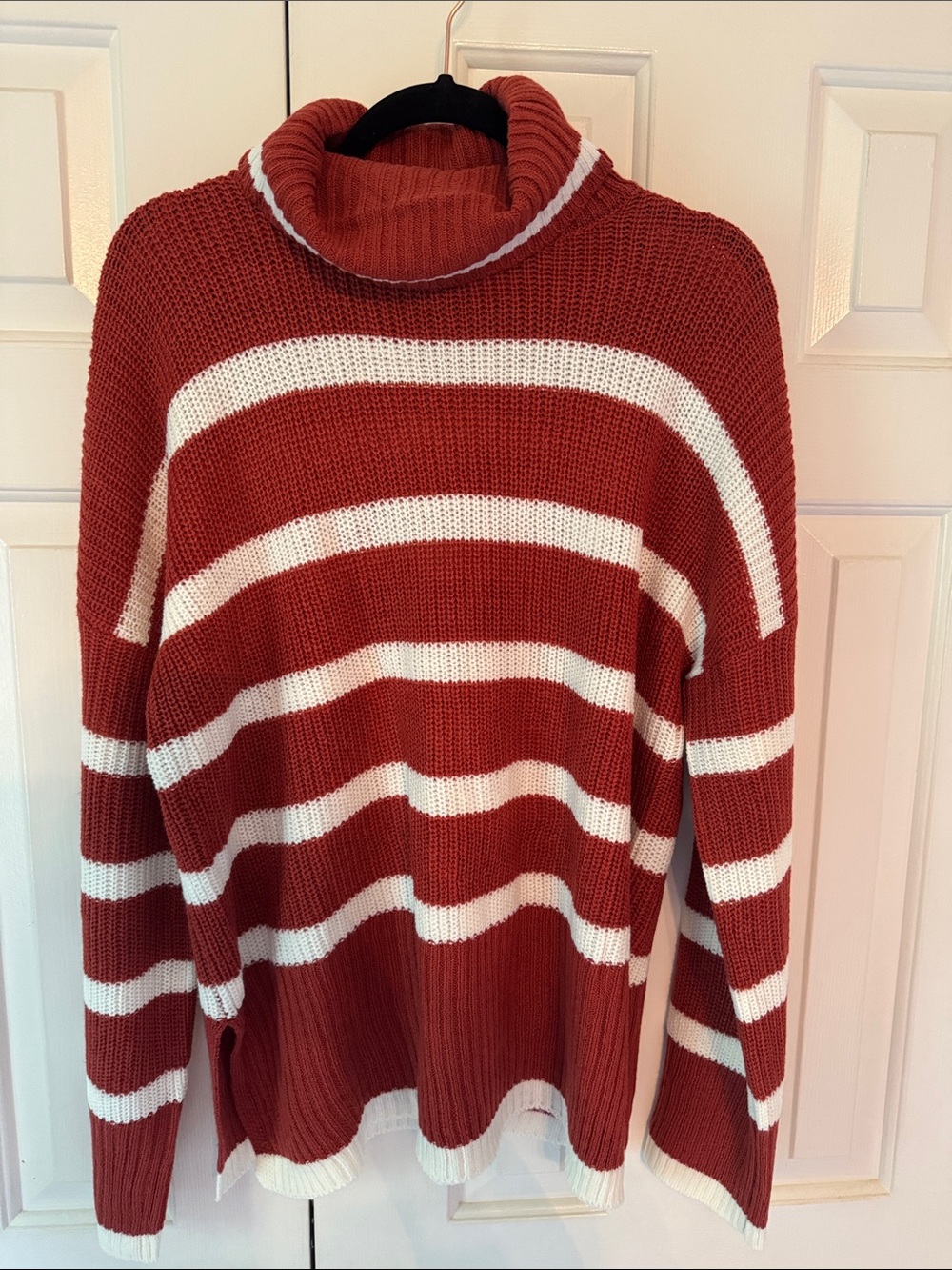 Women's Rust and White Striped Turtleneck Sweater